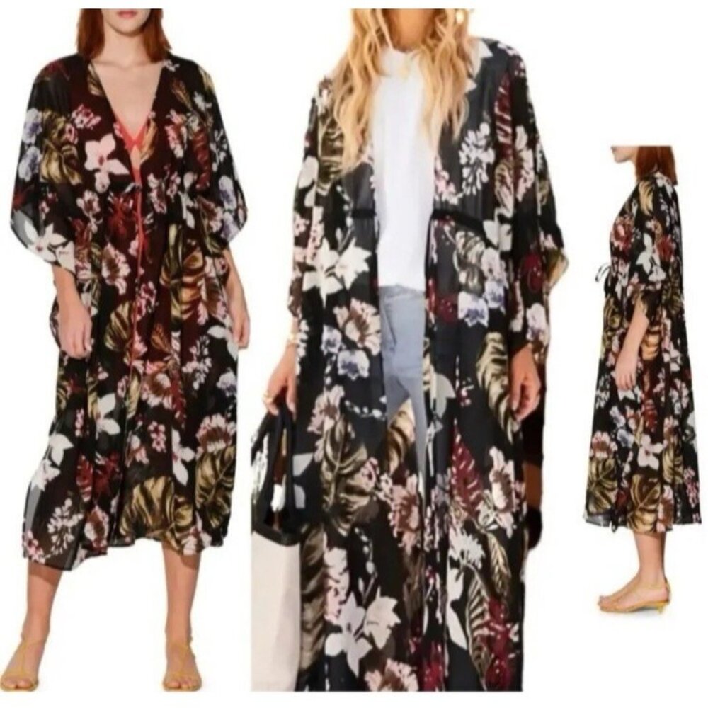 Walter Baker Tulum Kimono Duster Midi Cover Up Black Floral Multi OS $198